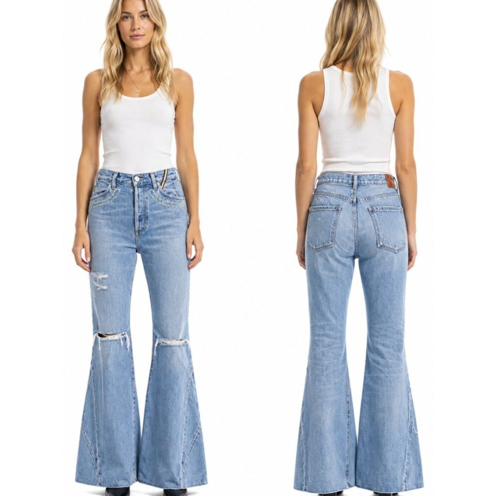 Jean Atelier Distressed Embroidered Flare Wide Leg Jeans Women Light Wash Siz 28